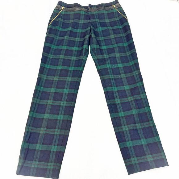 Club Monaco Plaid Patterned Straight Leg Green Slack Pants Leather Banded Size 4 - Picture 2 of 10